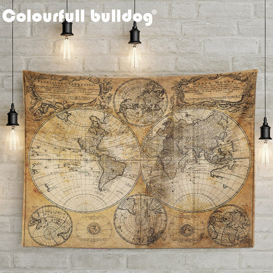 Vintage World Map 3D Print Fabric Geometric Colorful Compass Wall Hanging Tapestry Retro Oil Painting Beach Towels Decorate Home