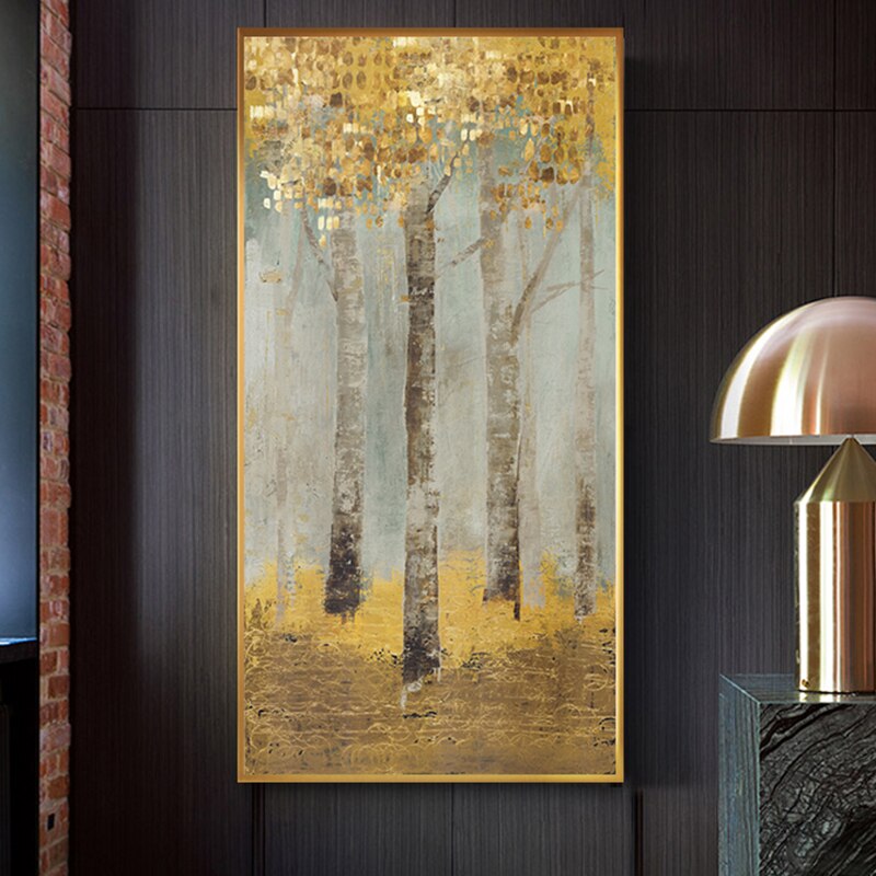 Abstract Golden Coins Forest Canvas Painting Golden Dreamscape: Abstract Forest in Gold Coin Hues