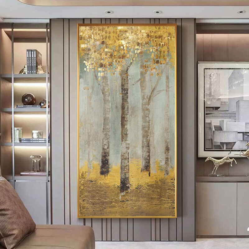 Abstract Golden Coins Forest Canvas Painting Golden Dreamscape: Abstract Forest in Gold Coin Hues