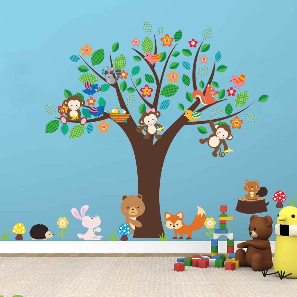 Forest animals monkey play under flower tree wall sticker for kids baby nursery children room decorations decor home decal