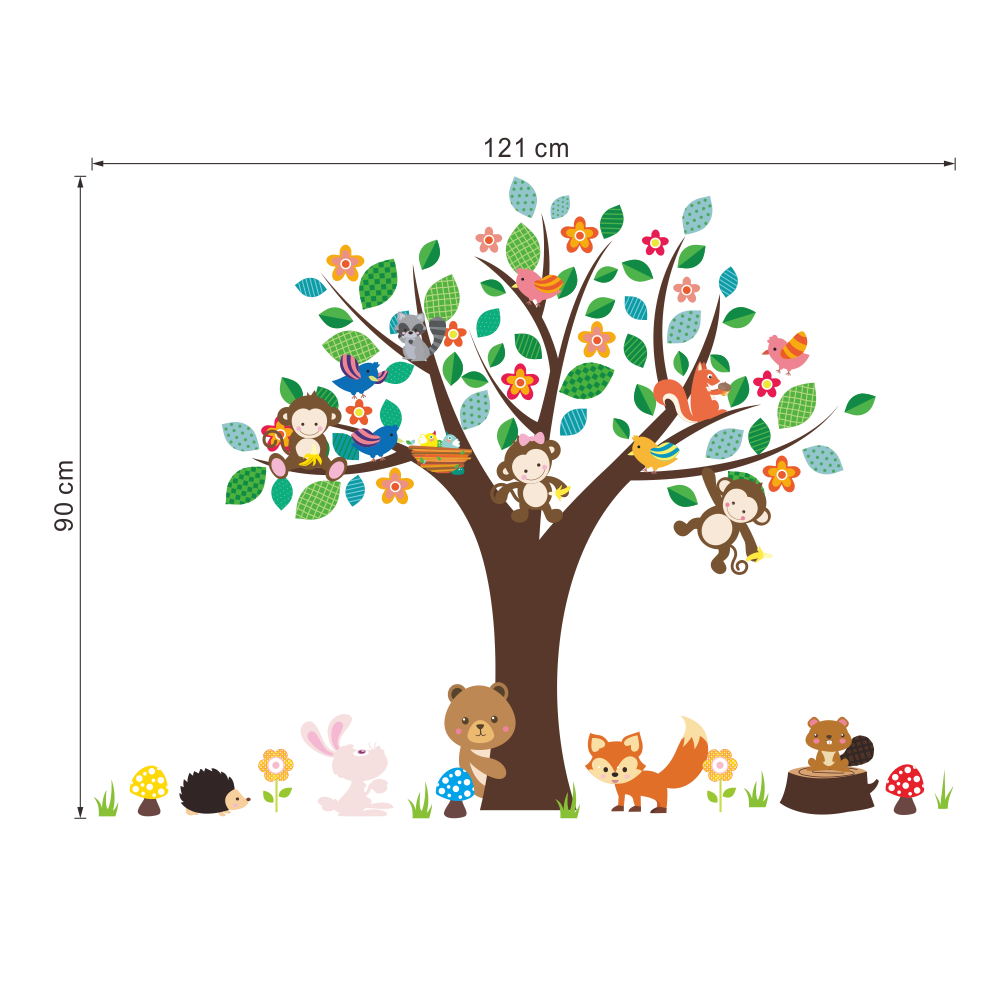 Forest animals monkey play under flower tree wall sticker for kids baby nursery children room decorations decor home decal