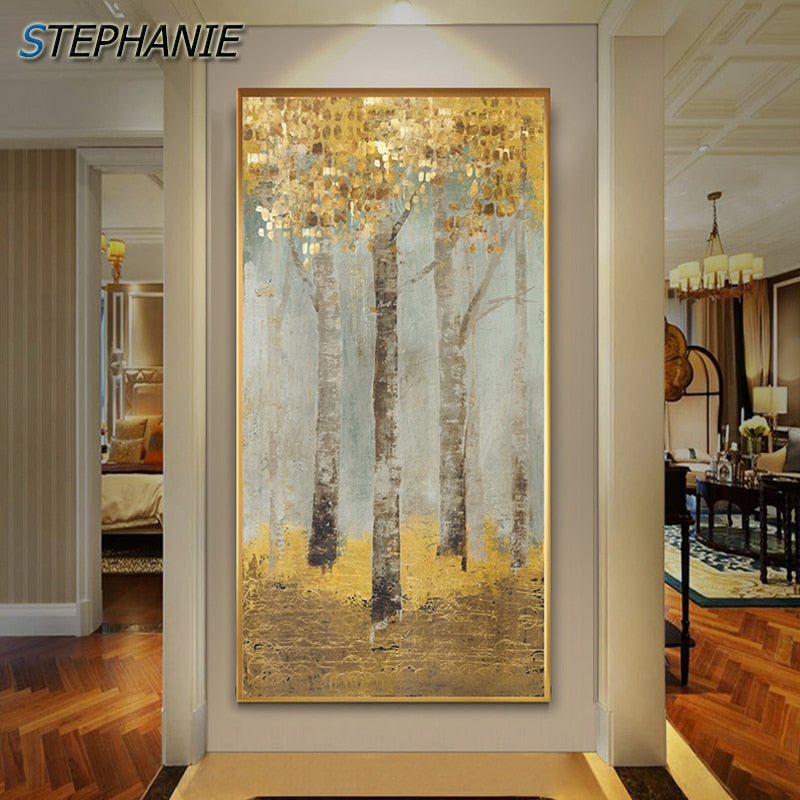 Abstract Golden Coins Forest Canvas Painting Golden Dreamscape: Abstract Forest in Gold Coin Hues