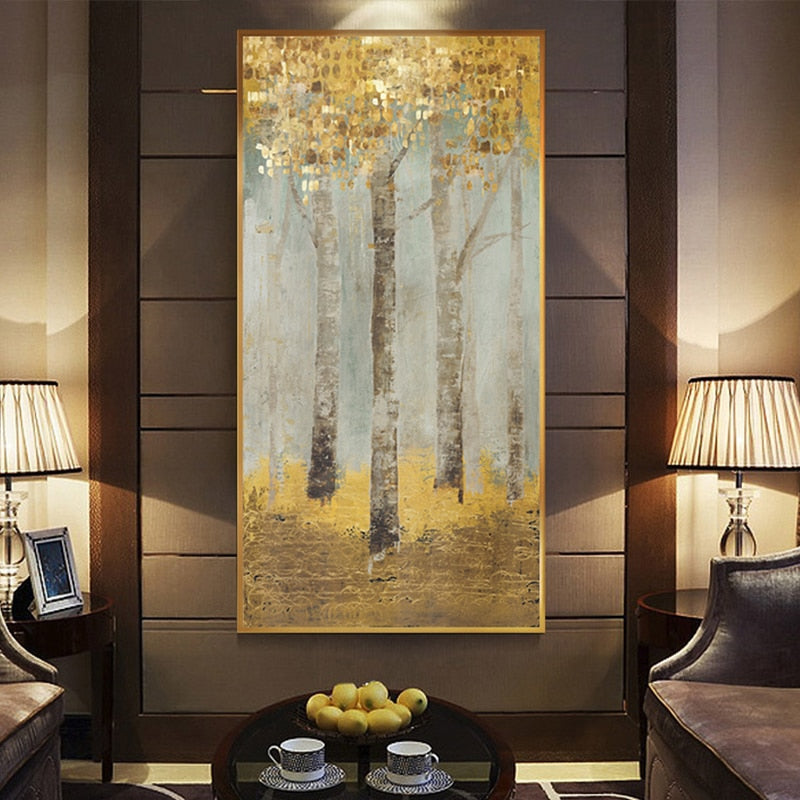 Abstract Golden Coins Forest Canvas Painting Golden Dreamscape: Abstract Forest in Gold Coin Hues