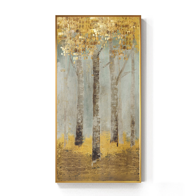 Abstract Golden Coins Forest Canvas Painting Golden Dreamscape: Abstract Forest in Gold Coin Hues