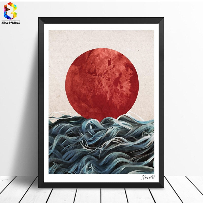 Abstract Japanese Sunrise Posters and Prints Wall Art Canvas Painting Pictures For Living Room Seascape Home Decor