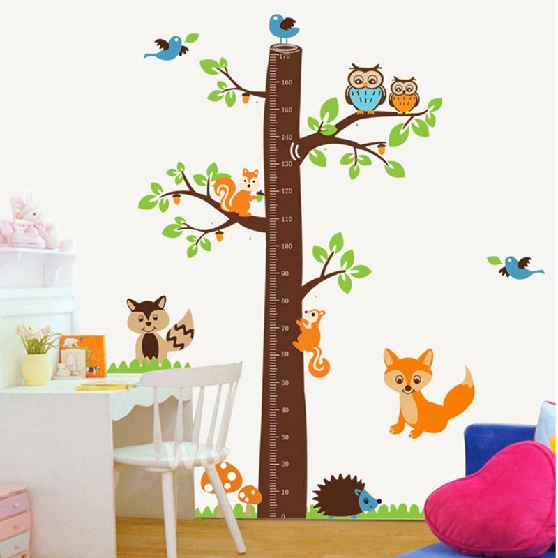 Cartoon Animals Squirrel Height Scale Tree Height Measure Wall Sticker For Kids Rooms Growth Chart Nursery Room Decor Wall Art