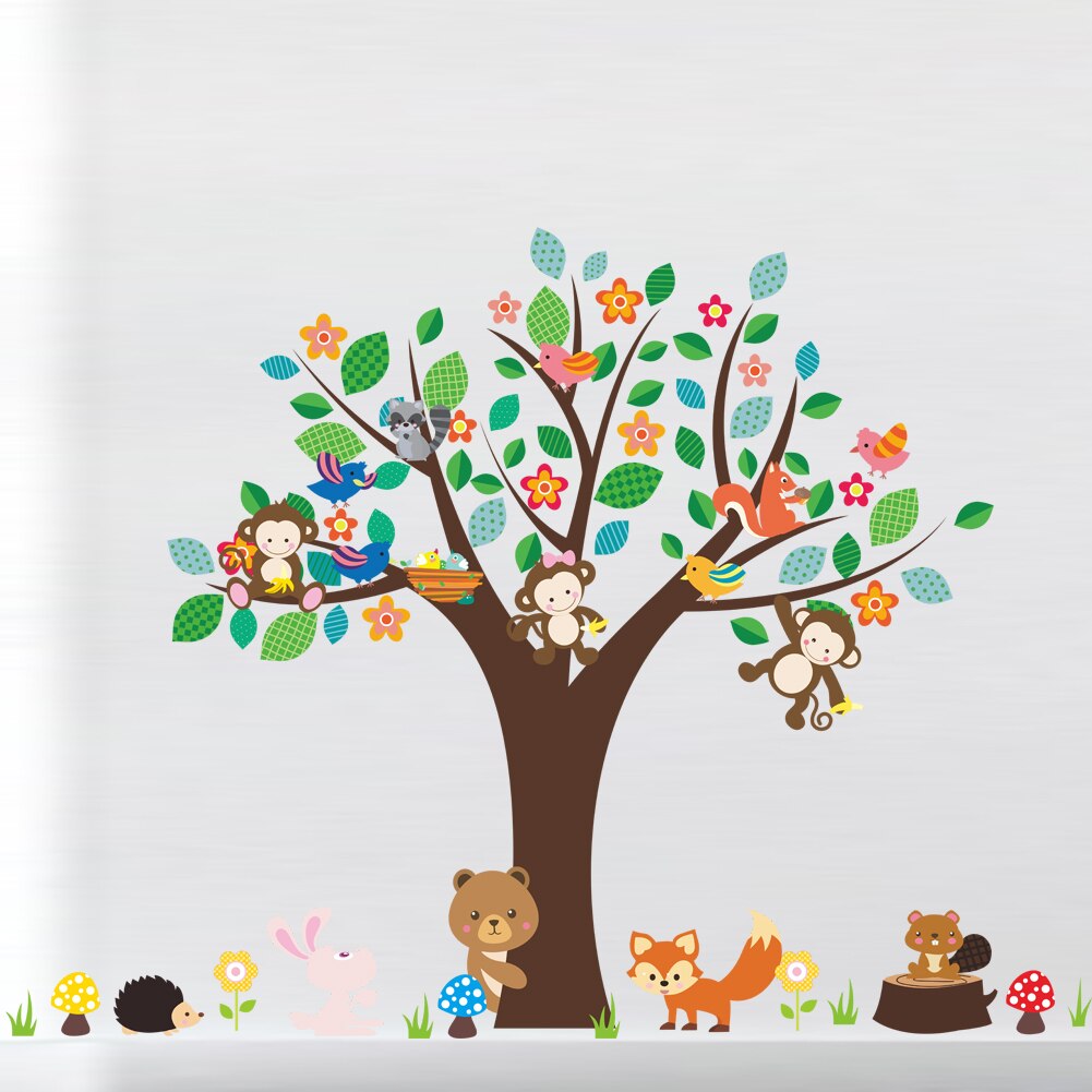 Forest animals monkey play under flower tree wall sticker for kids baby nursery children room decorations decor home decal