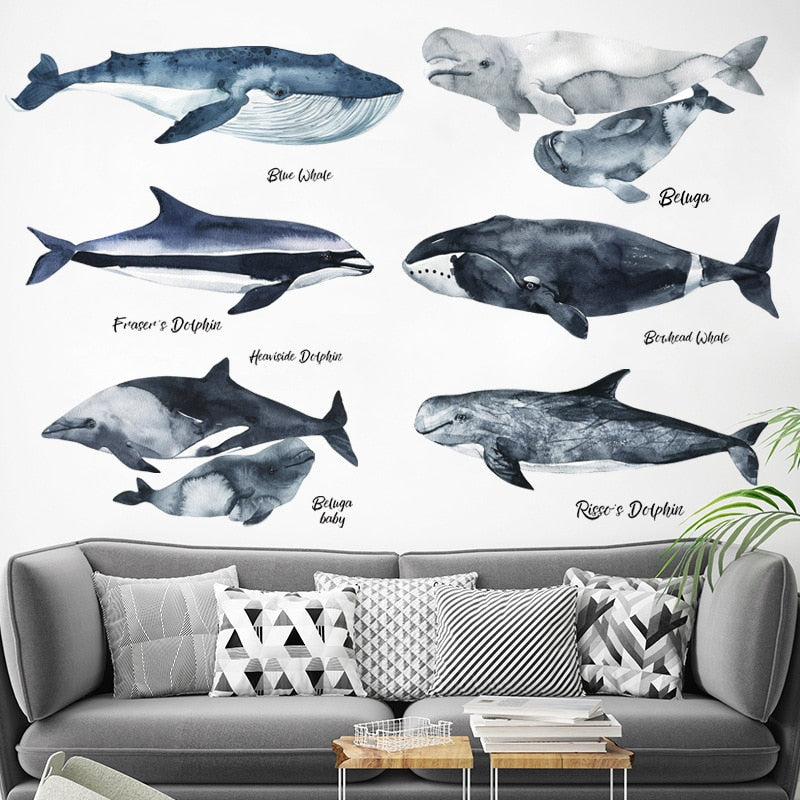 Nordic style Whale Dolphin Wall Stickers for Kids room Bedroom Game room Eco-friendly Vinyl Wall Decals Art Home Decor