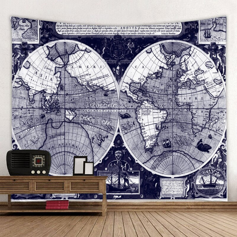 Polyester World Map Print Wall Hanging Boho Tapestry Colorful Map Mandala Wall Tapestry Beach Towel Blanket Yoga Sleeping Pad