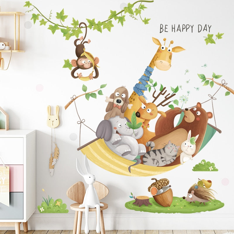 Cartoon Giraffe Wall Stickers for Kids rooms Kindergarten Wall Decor Self-adhesive Vinyl PVC Wall Decals for Nursery Home Decor