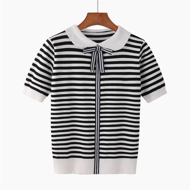 Chic Summer Stripes: Women's Knitted Tee with Bowtie DetaiHLBCBG 2019