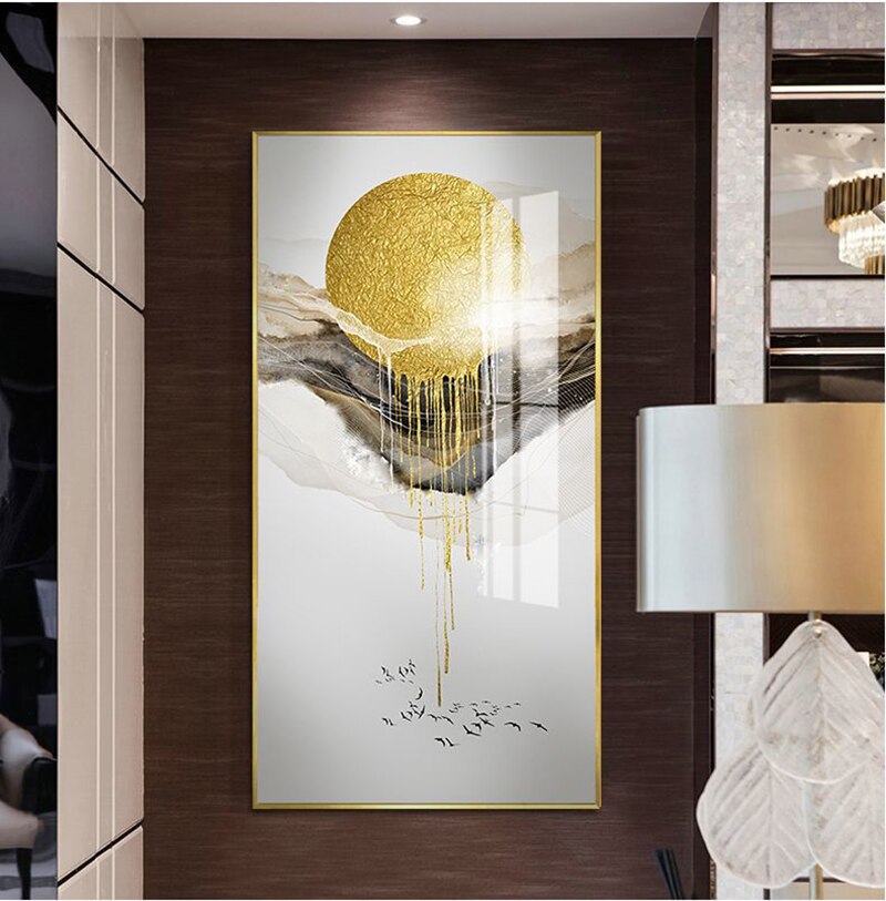 Creative Chinese style landscape golden tree sun Modern decorative Picture Canvas Wall Art Poster for room Porch office decor