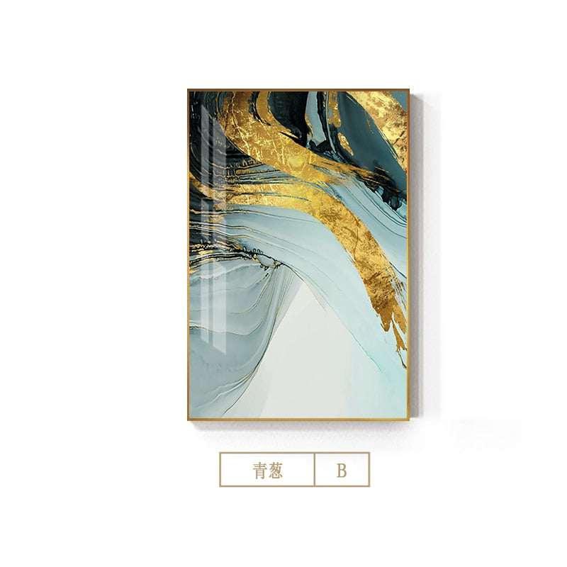 Green Gold Elegance" - Modern Abstract Canvas Art with Blue Accents