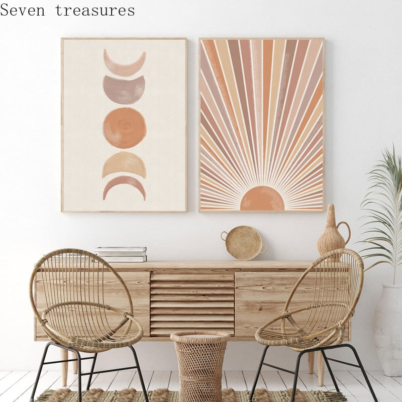 Sun Moon Print Boho Bedroom Decor Modern Mid Century Minimalist Poster Living Room Canvas  Terracotta Wall Art PicturesPainting