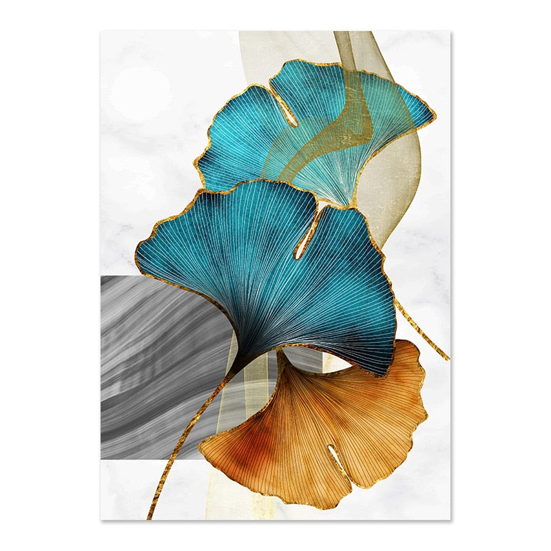 Blue Green Yellow Gold Leaf Plant Flower Canvas Poster Abstract Painting Wall Art Print Nordic Modern Pictures Living Room Decor