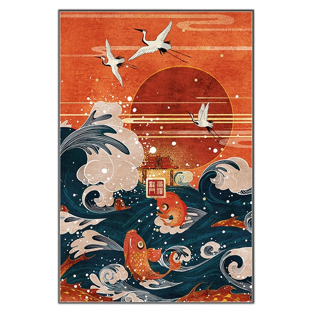 Japanese Style Landscape: Wave, Crane, and Red Sun Canvas Art