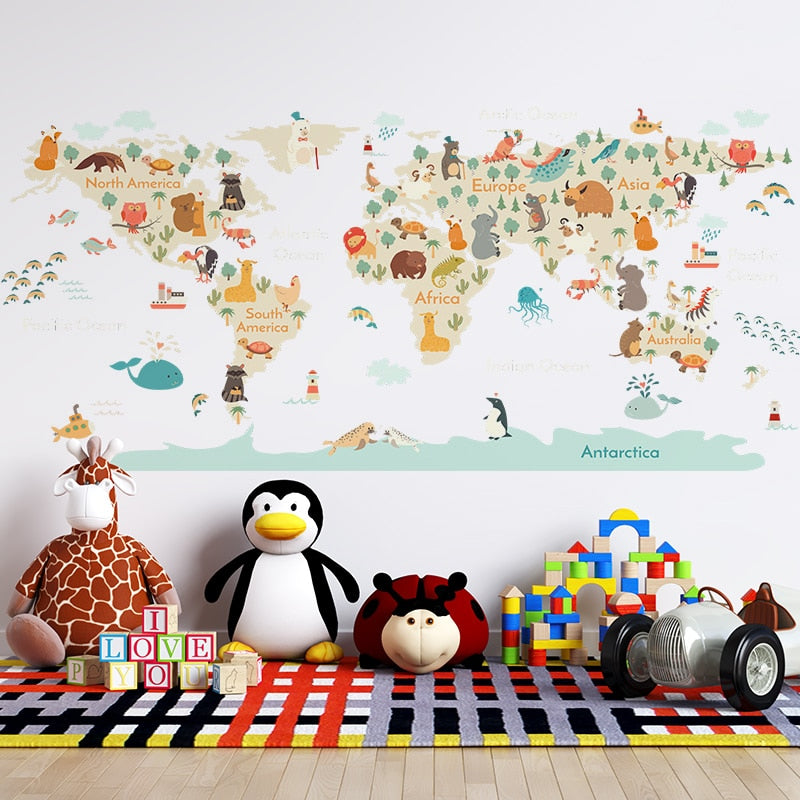 Explore the Animal Kingdom with Our Educational Animals Map Wall Stickers - Perfect for Kids' Rooms & Classrooms!