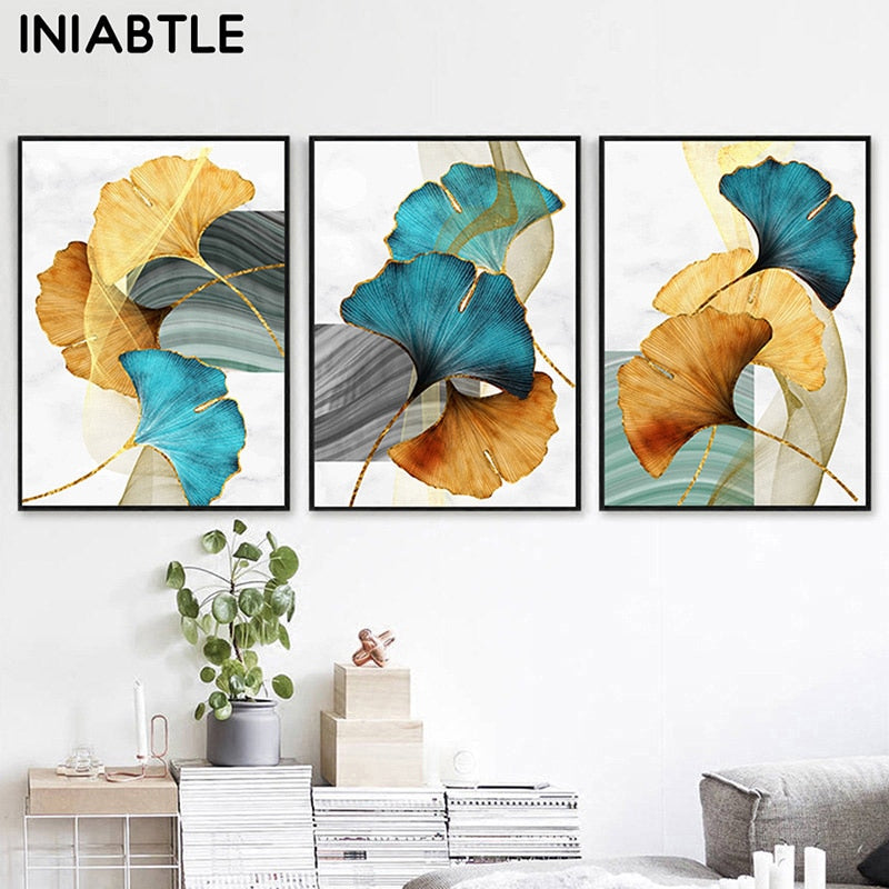 Blue Green Yellow Gold Leaf Plant Flower Canvas Poster Abstract Painting Wall Art Print Nordic Modern Pictures Living Room Decor