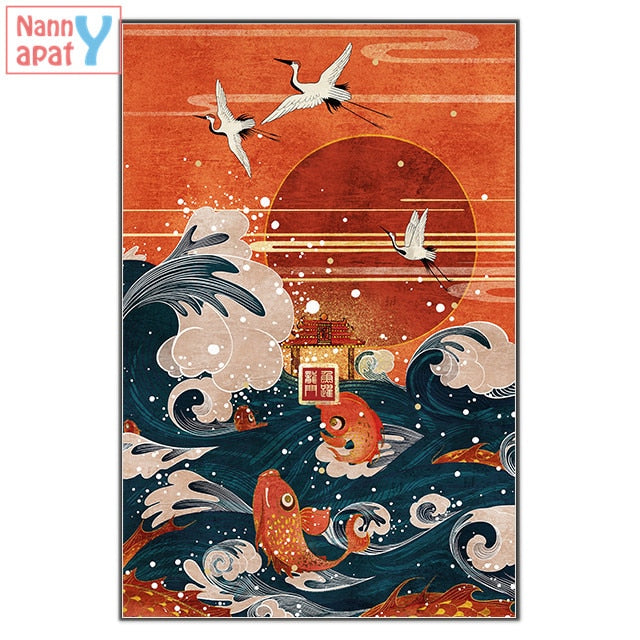 Japanese Style Landscape: Wave, Crane, and Red Sun Canvas Art