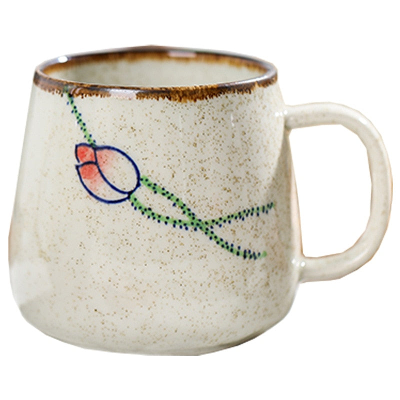 Vintage Coffee Mug Unique Japanese Retro Style Ceramic Cups, 380ml Kiln Change Clay Breakfast Cup Creative Gift for Friends