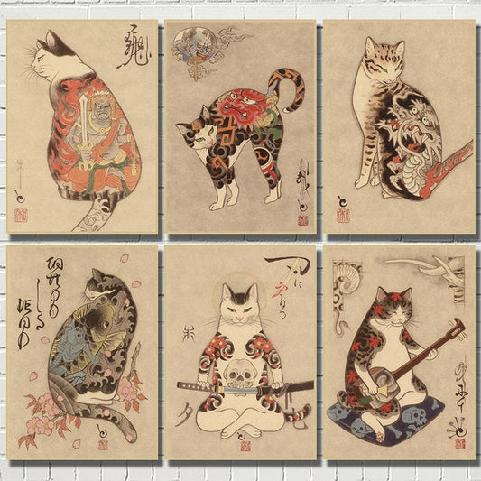 Samurai Feline Majesty: Vintage Japanese Cat Tattoo Poster - A Captivating Wall Art Sticker for Your Living Room and Bedroom Deco