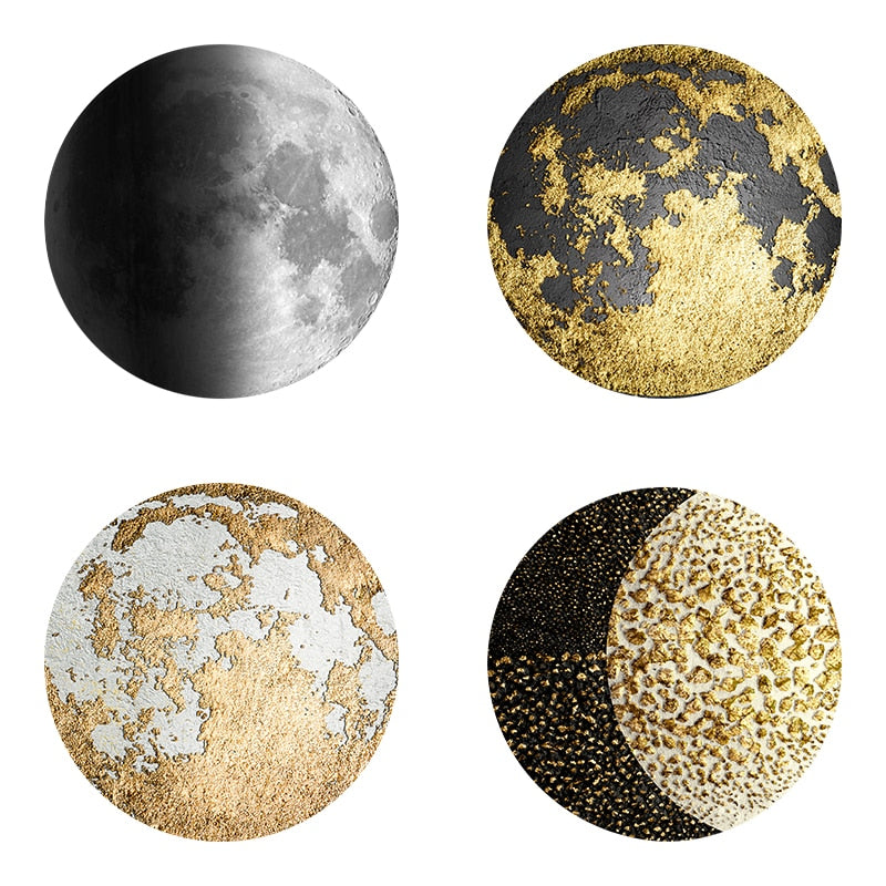 Fantastic Moon Phase Canvas Painting Golden Moon Wall Art Posters Prints Big Size Planet Solar Wall Pictures for Living Room