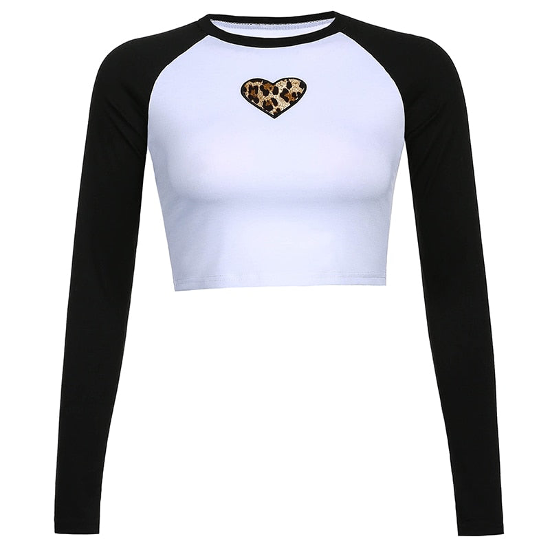 Vintage Charm: Heart Embroidery Brown Crop Tops with Leopard Patchwork