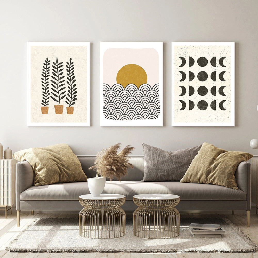 Mystic Nature: Abstract Landscape with Sun, Moon, and Ferns - Boho Canvas Prints for Living Room