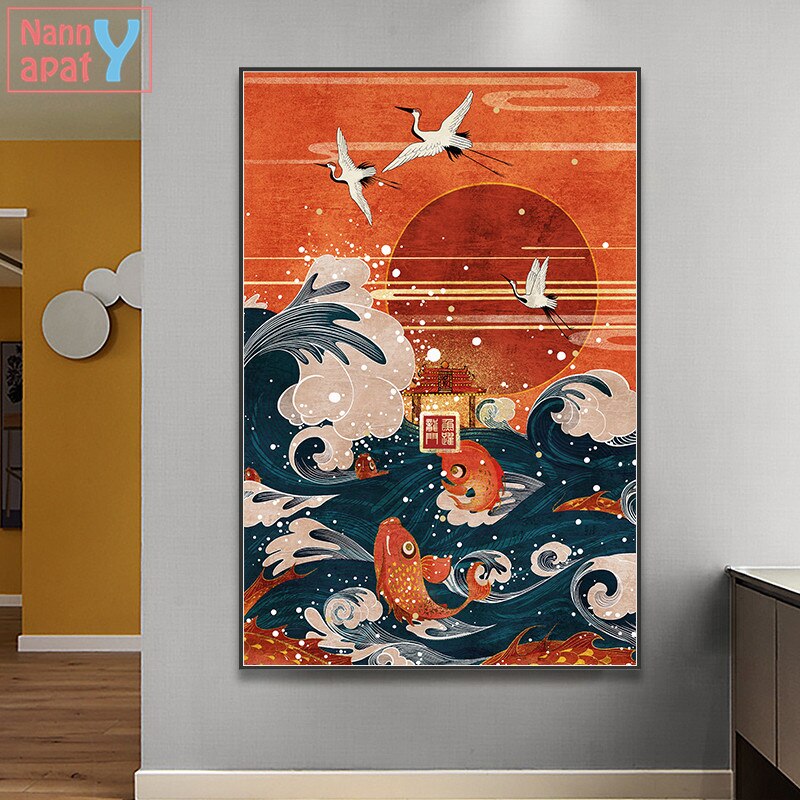 Japanese Style Landscape: Wave, Crane, and Red Sun Canvas Art