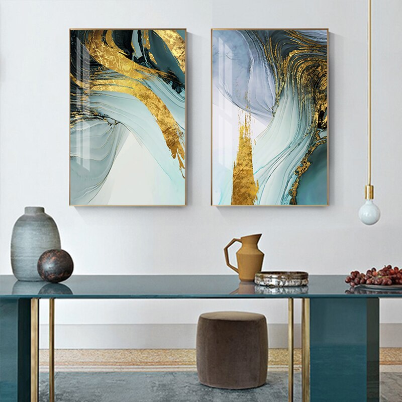 Green Gold Elegance" - Modern Abstract Canvas Art with Blue Accents