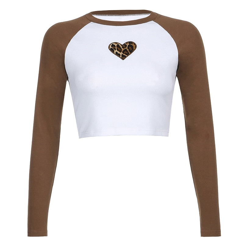 Vintage Charm: Heart Embroidery Brown Crop Tops with Leopard Patchwork