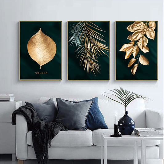 3pcs Nordic Gold and Green Leaves Wall Art Canvas Posters Prints no Frame Living Room Decoration Pictures