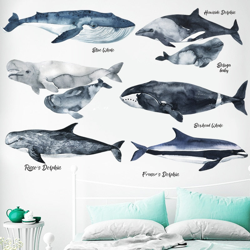 Nordic style Whale Dolphin Wall Stickers for Kids room Bedroom Game room Eco-friendly Vinyl Wall Decals Art Home Decor