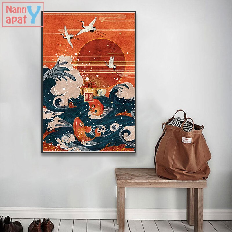 Japanese Style Landscape: Wave, Crane, and Red Sun Canvas Art