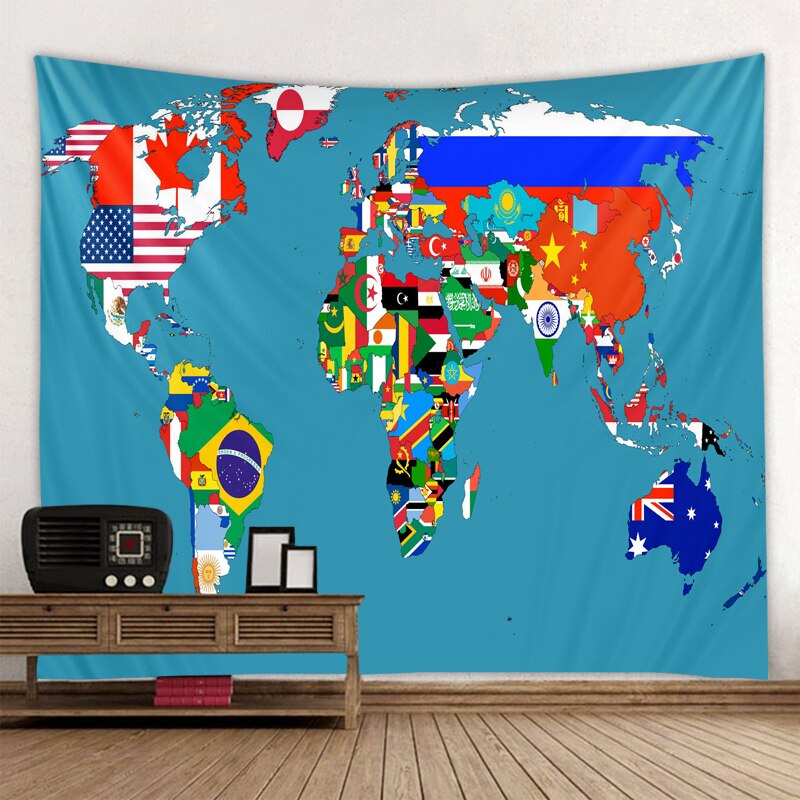 Polyester World Map Print Wall Hanging Boho Tapestry Colorful Map Mandala Wall Tapestry Beach Towel Blanket Yoga Sleeping Pad