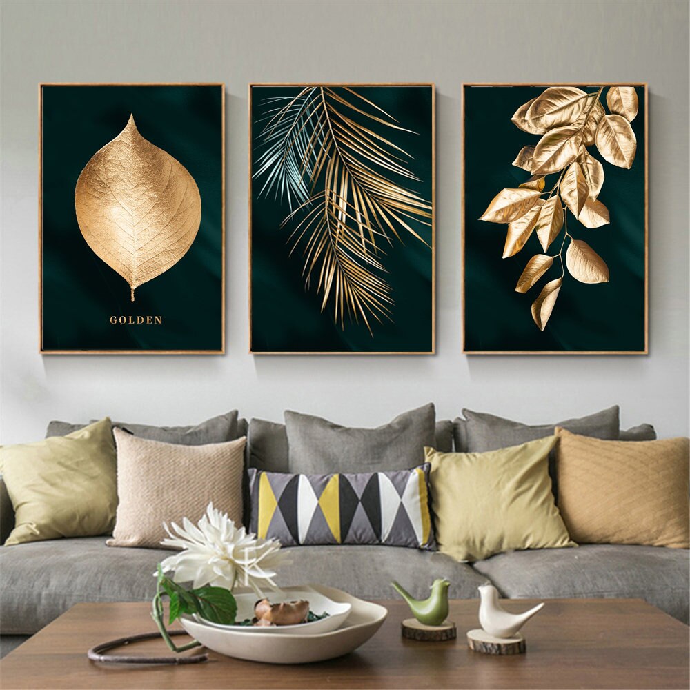 3pcs Nordic Gold and Green Leaves Wall Art Canvas Posters Prints no Frame Living Room Decoration Pictures