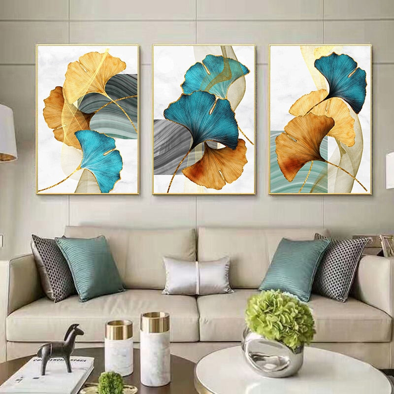 Blue Green Yellow Gold Leaf Plant Flower Canvas Poster Abstract Painting Wall Art Print Nordic Modern Pictures Living Room Decor