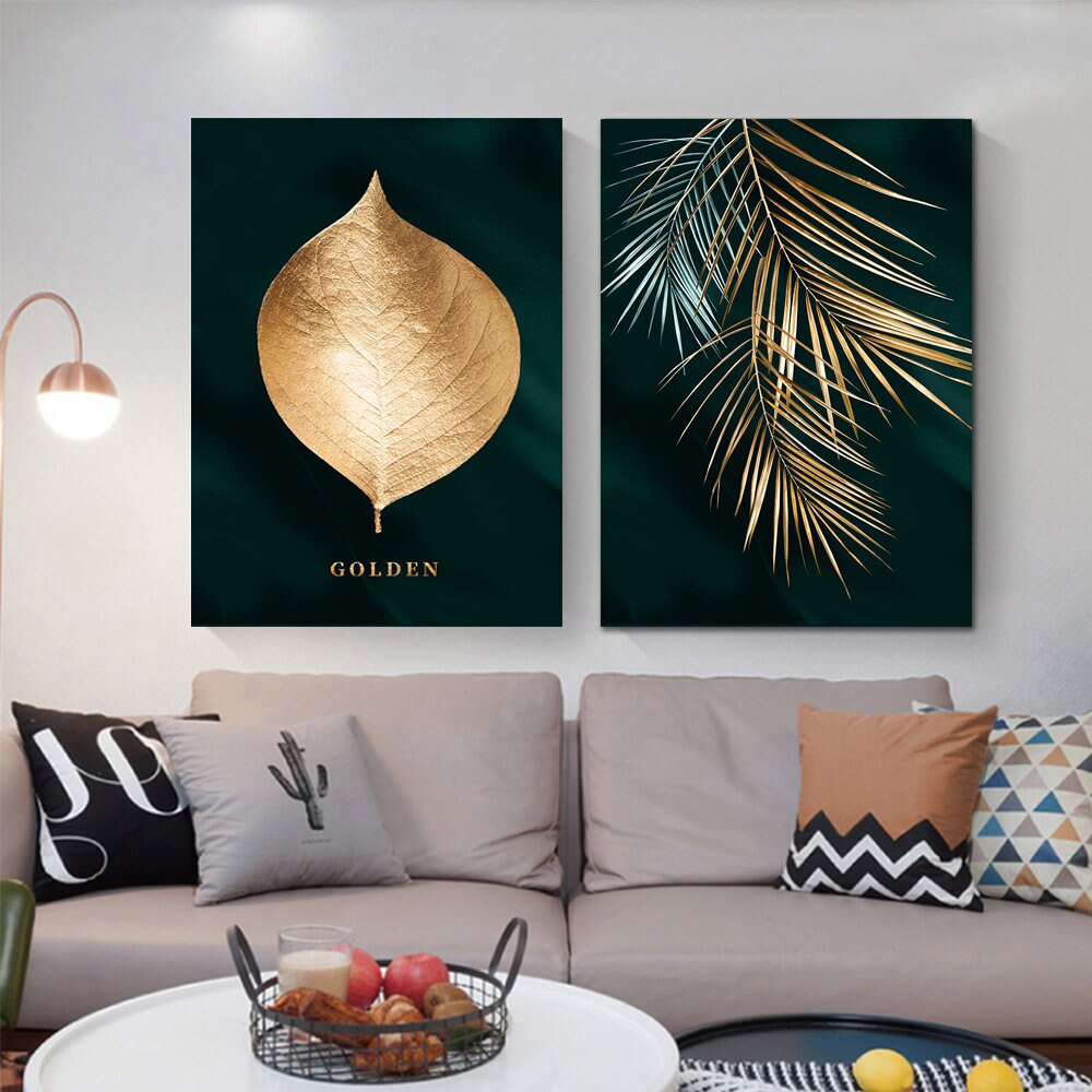 3pcs Nordic Gold and Green Leaves Wall Art Canvas Posters Prints no Frame Living Room Decoration Pictures