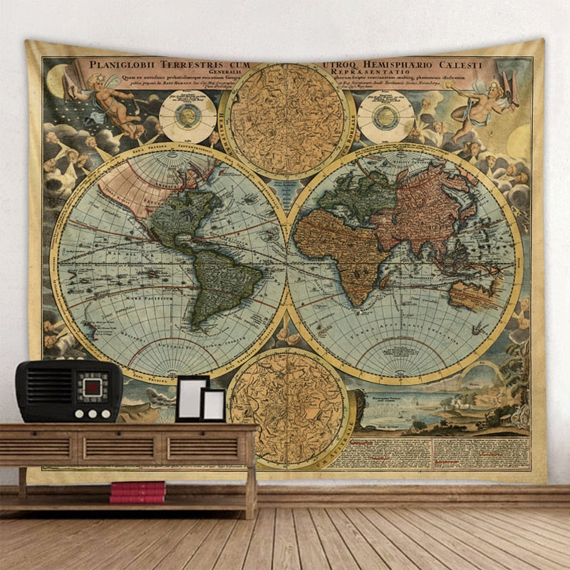 Polyester World Map Print Wall Hanging Boho Tapestry Colorful Map Mandala Wall Tapestry Beach Towel Blanket Yoga Sleeping Pad