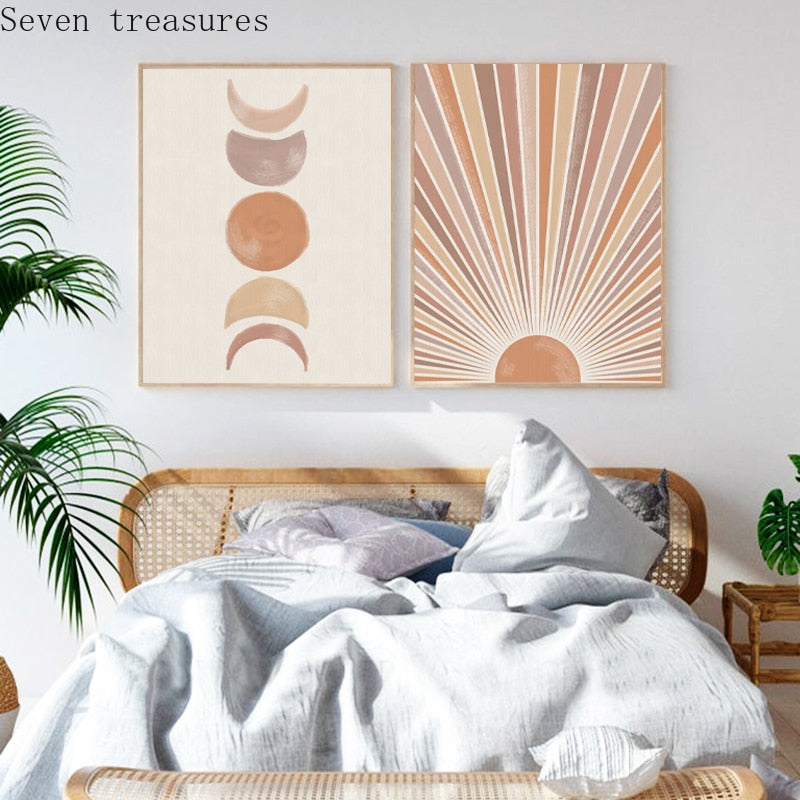 Sun Moon Print Boho Bedroom Decor Modern Mid Century Minimalist Poster Living Room Canvas  Terracotta Wall Art PicturesPainting