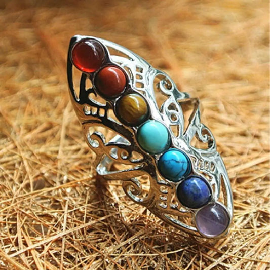 Chakra Healing Ring With Silver Plating and Seven Natural Stones