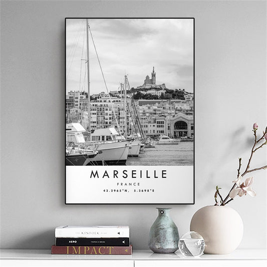 Modern City Marseille Travel Print France Poster Black White Canvas Painting Unique Wall Art Coordinates Minimalist Home Decor