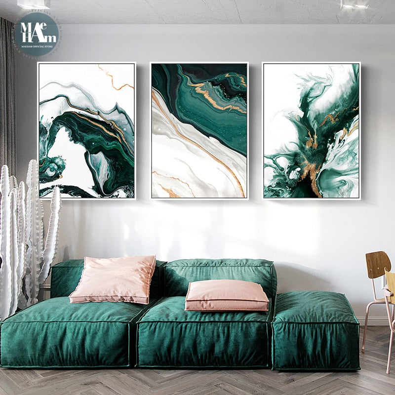 "Emerald Lines" - Modern Abstract Gold Foil and Green Canvas Art