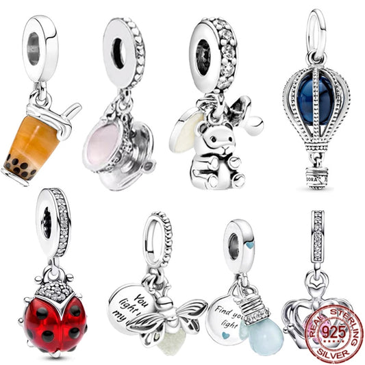 925 Sterling Silver Firefly Balloon Bubble Tea & Teddy Dangle Bear Charm Bead Fit Original Pandora Bracelet DIY Jewelry Gift