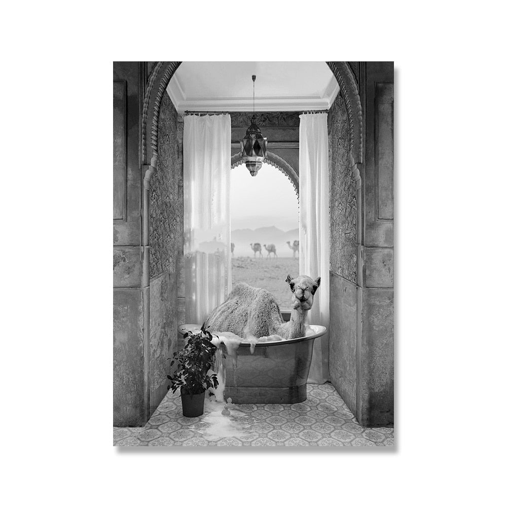 Animal in Bathtub Poster Print Giraffe Camel Elephant Panda Bath Canvas Painting Nursery Wall Art Pictures Kid Room Home Decor