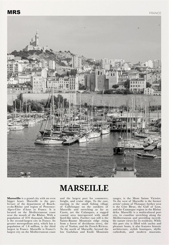 Modern City Marseille Travel Print France Poster Black White Canvas Painting Unique Wall Art Coordinates Minimalist Home Decor