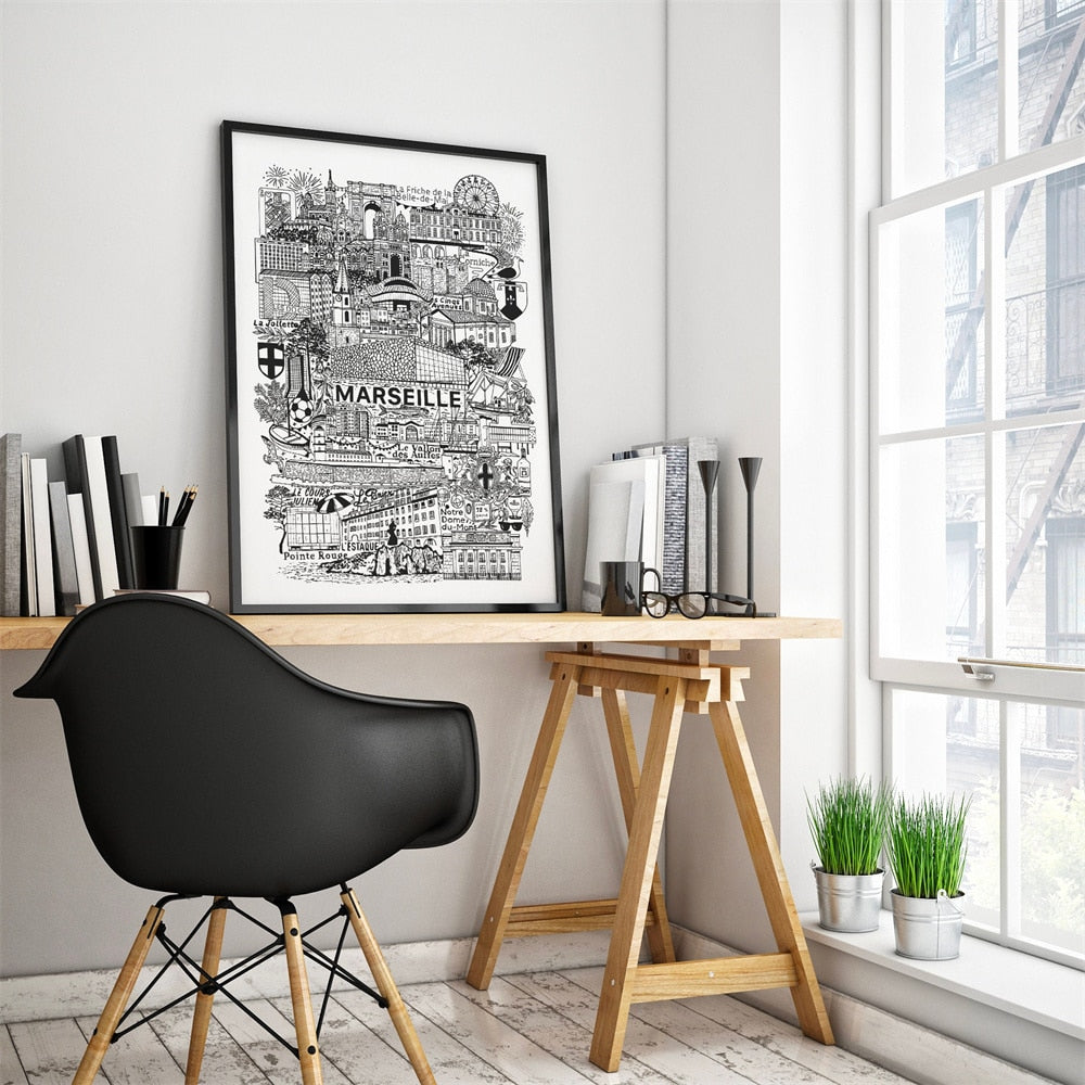 Modern City Marseille Travel Print France Poster Black White Canvas Painting Unique Wall Art Coordinates Minimalist Home Decor