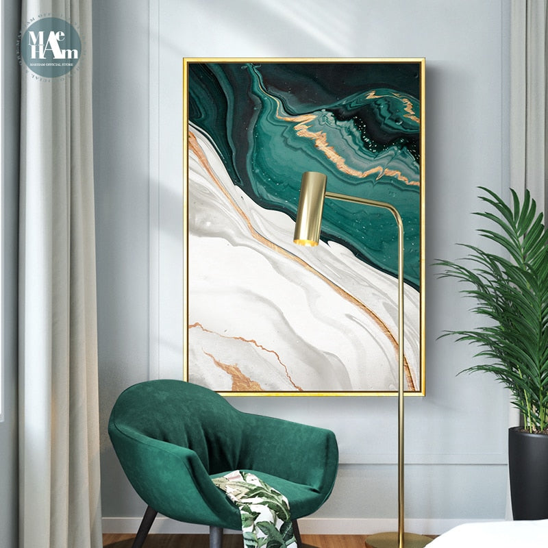 "Emerald Lines" - Modern Abstract Gold Foil and Green Canvas Art