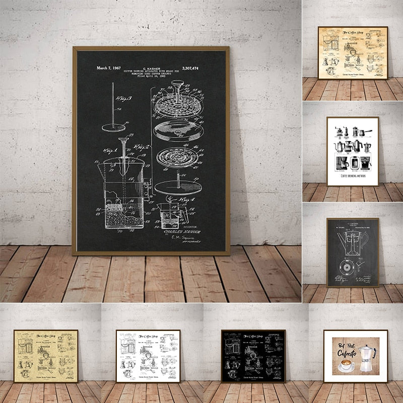 Coffee Pot Patent Posters and Prints Bialetti Moka Poster Coffee Blueprint Art Picture Canvas Painting Kitchen Wall Art Decor