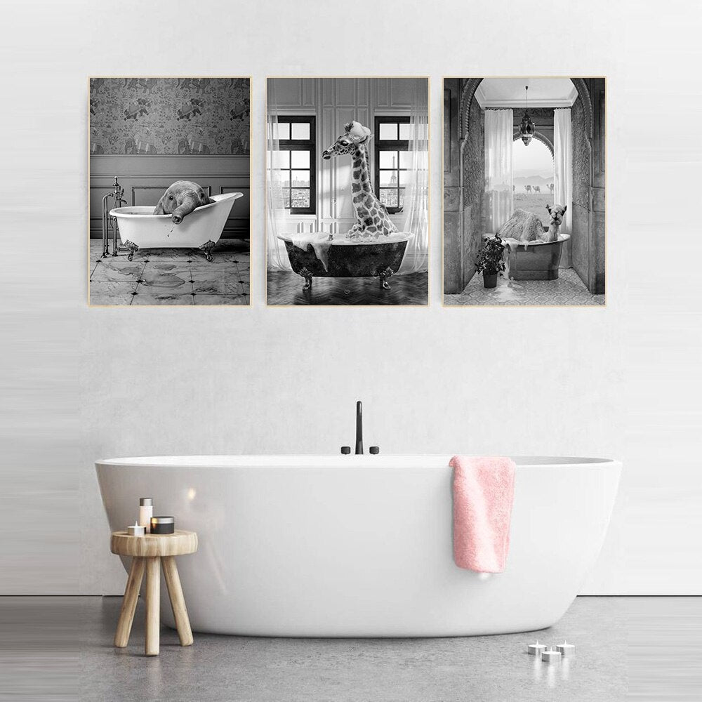 Animal in Bathtub Poster Print Giraffe Camel Elephant Panda Bath Canvas Painting Nursery Wall Art Pictures Kid Room Home Decor